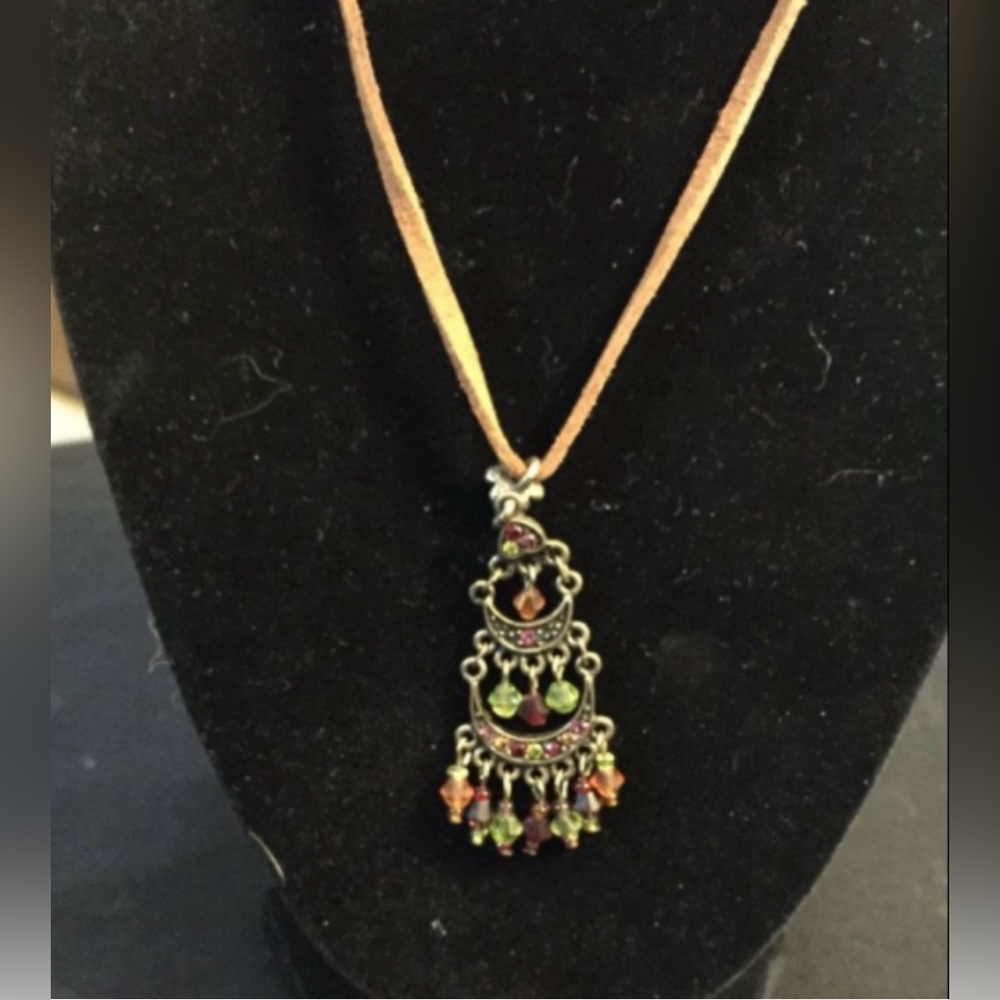 Premier Designs Brown Green Necklace w/ Leather Strap